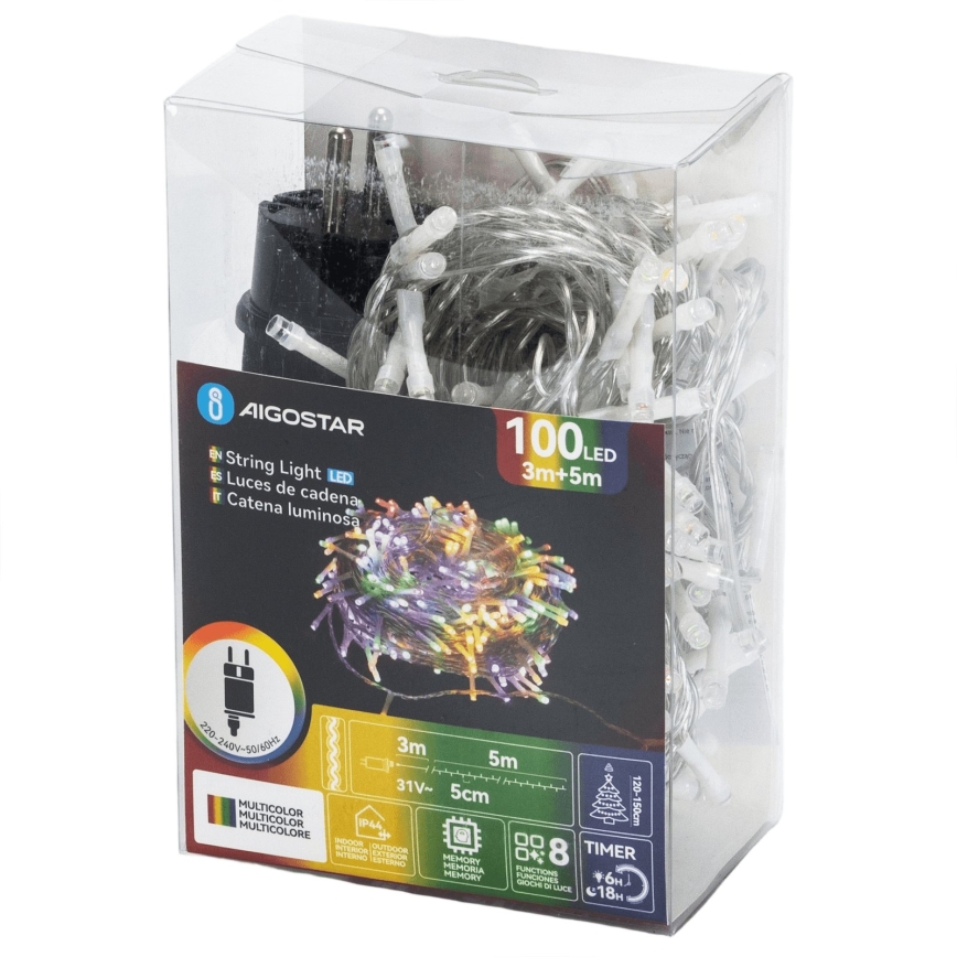 Aigostar - LED Buiten kerstlichtsnoer 100xLED/8 functies 5,3m IP44 meerkleurig