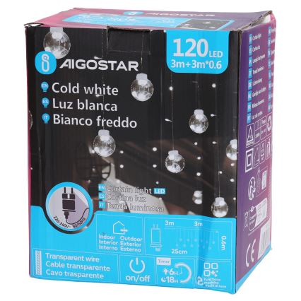 Aigostar - LED-kerstsnoer voor buiten 120xLED/8 functies 3x0,6m IP44 koud wit + afstandsbediening