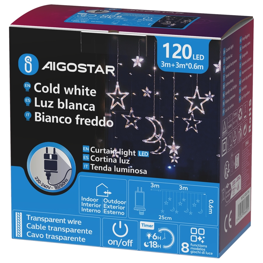 Aigostar - LED buiten kerstverlichting 120xLED/6W/230V/8 functies 3x0,6m IP44 koud wit + afstandsbediening
