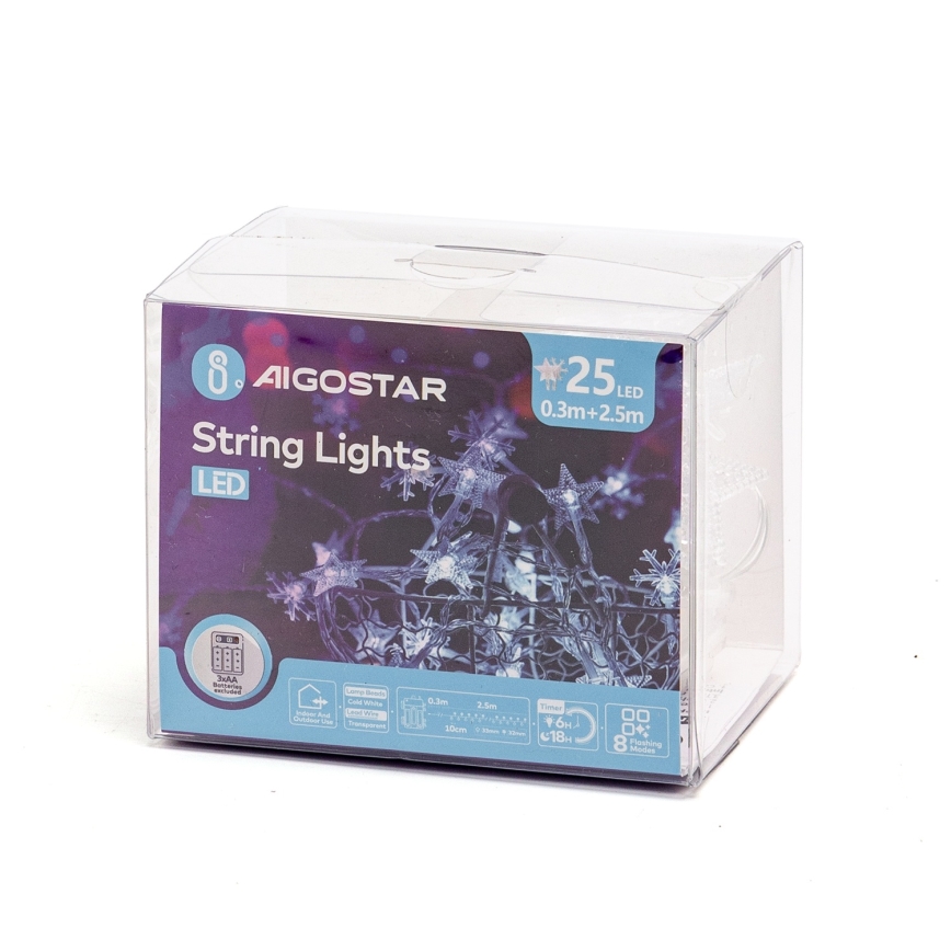 Aigostar - LED-lichtsnoer voor buiten 25x LED/8 functies 3xAA 2,5 m IP44 koel wit