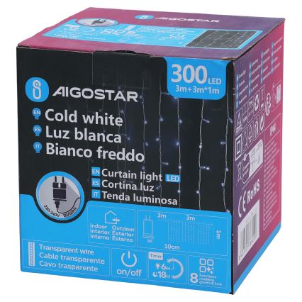 Aigostar - LED buiten kerstlichtsnoer 300 LED, 8 functies, 3x1 m, IP44, koud wit, met afstandsbediening