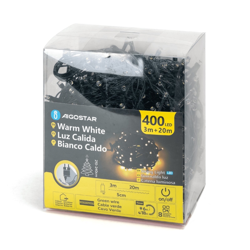 Aigostar - LED buiten kerstlichtsnoer, 400 LED / 8 functies, 23 m, IP44, warm wit