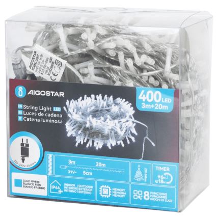 Aigostar - LED buiten kerstlichtsnoer 400xLED/8 functies 23m IP44 koud wit