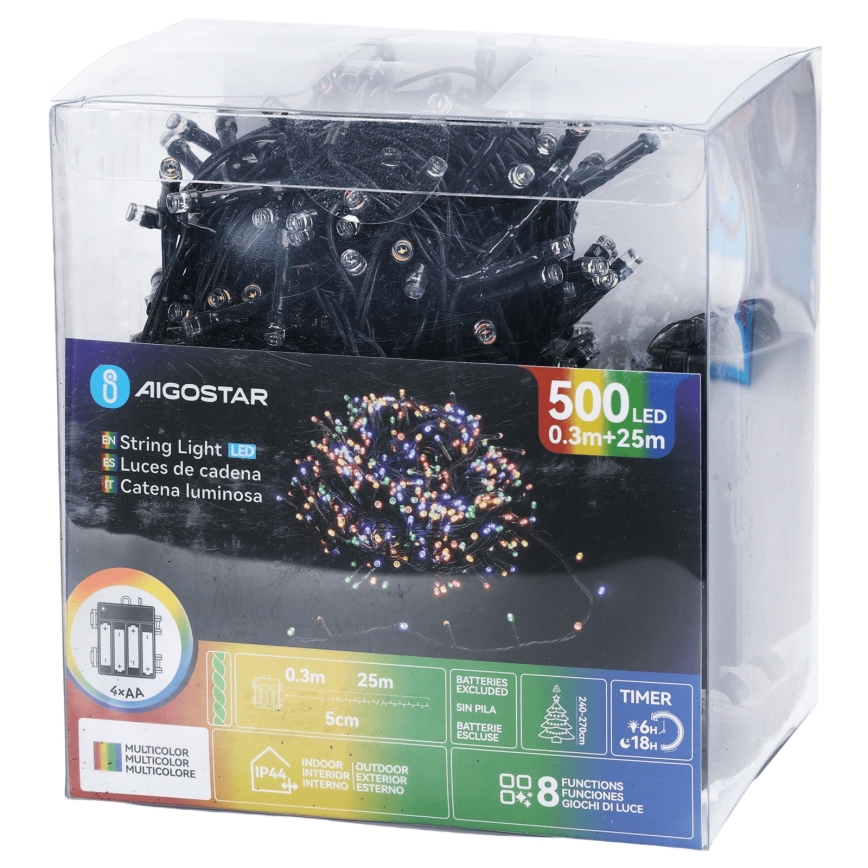 Aigostar - LED-kerstverlichting voor buiten, 500xLED / 8 functies, 4xAA, 25,3 m, IP44, multicolor