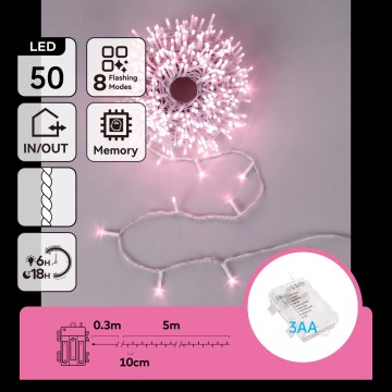 Aigostar - LED buiten kerstlichtsnoer 50xLED/8 functies 3xAA 5,3m IP44 roze
