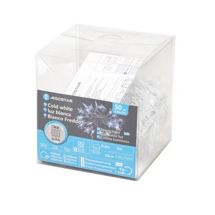 Aigostar - LED buiten kerstverlichting 50x LED / 8 functies 3x AA 5 m IP44 koud wit sterren