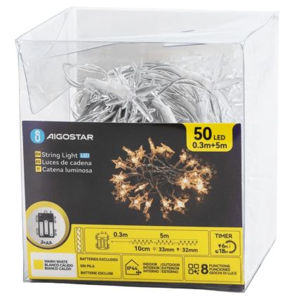 Aigostar - LED-lichtsnoer voor buiten, 50x LED, 8 functies, 3x AA, 5 m, IP44, warm wit, met stervormige lampjes