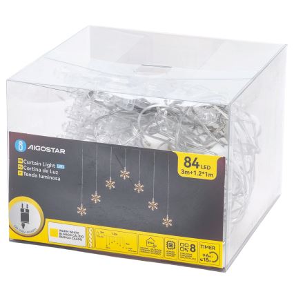 Aigostar - LED buiten kerstverlichting 84xLED/8 functies 1,2x1m IP44 warm wit sneeuwvlokken