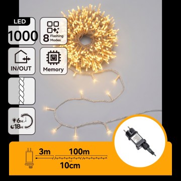 Aigostar - LED buiten kerstsnoer 1000xLED/8 functies 103m IP44 warm wit