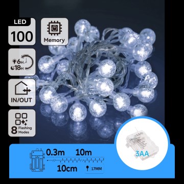 Aigostar - LED buiten kerstsnoer 100xLED/3xAA/8 functies 10,3 m IP44 koud wit