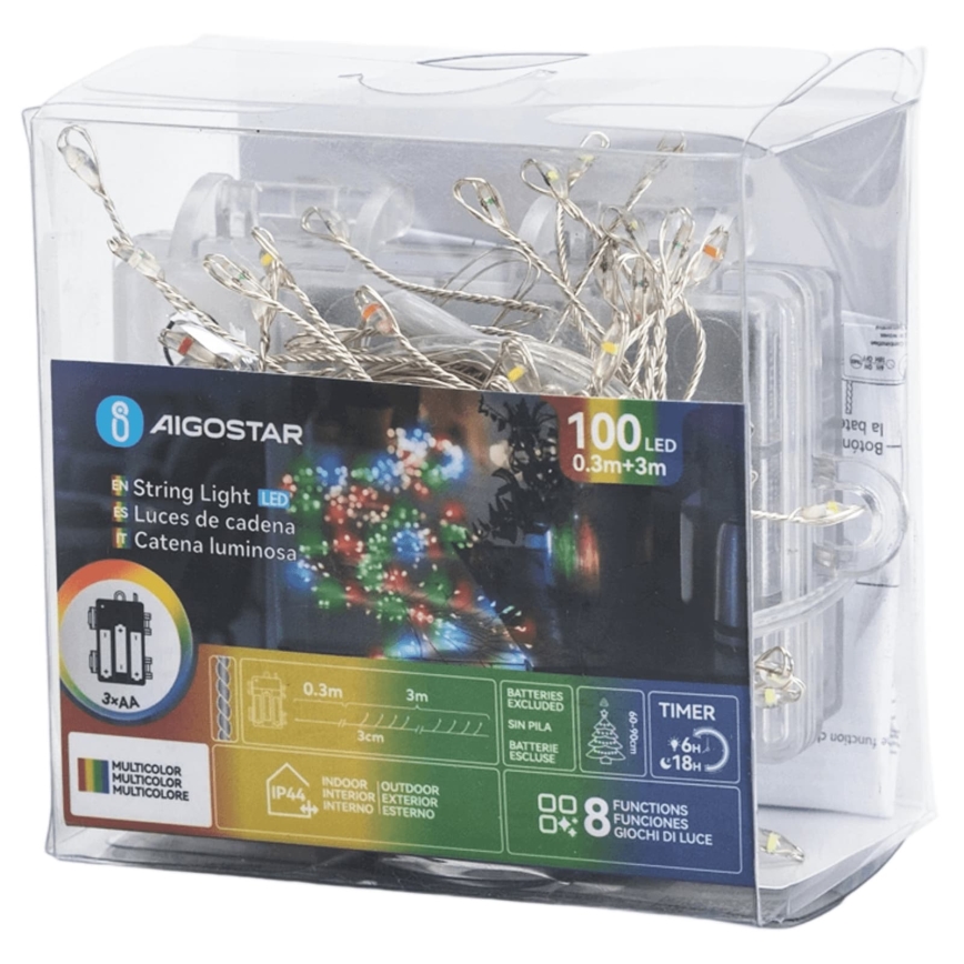 Aigostar - LED buiten kerstsnoer 100xLED/8 functies 3xAA 3,3m IP44 meerkleurig