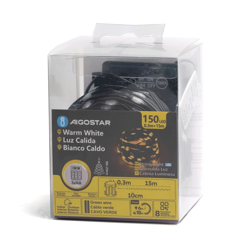 Aigostar -LED Buiten kerstsnoer 150x LED / 8 functies 3x AA 15,3 m IP44 warm wit