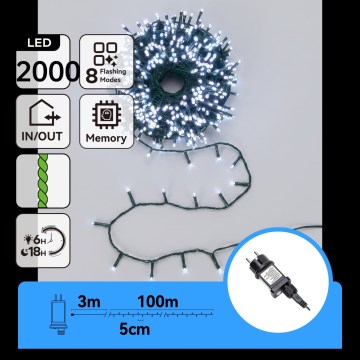 Aigostar - LED buiten kerstsnoer 2000xLED/8 functies 103m IP44 koud wit