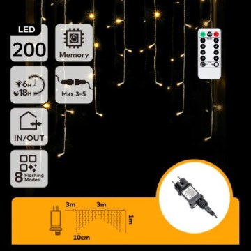 Aigostar - LED buiten kerstsnoer 200xLED/6W/230V/8 functies 3x1m IP44 warm wit + afstandsbediening