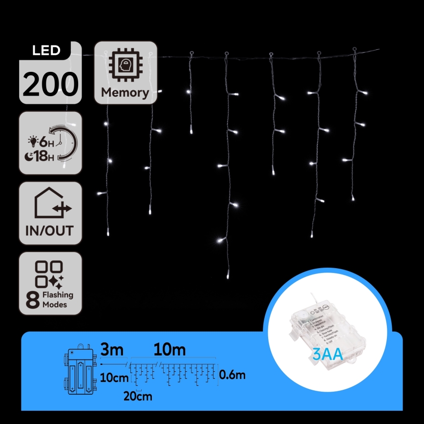 Aigostar - LED buiten kerstverlichting 200xLED/8 functies 3xAA 13x0,6m IP44 koud wit