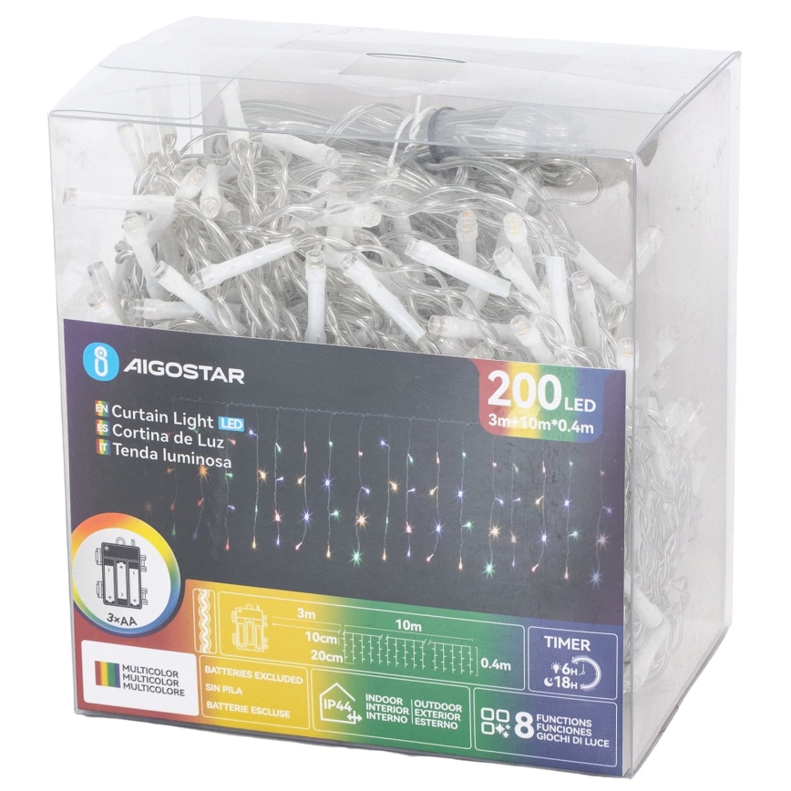 Aigostar - LED buiten kerstverlichting 200xLED/8 functies 3xAA 13x0,4m IP44 meerkleurig
