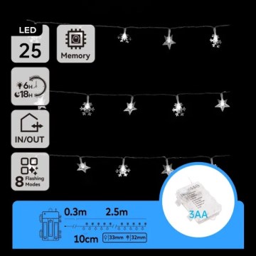 Aigostar - LED buiten kerstsnoer 25xLED/8 functies 3xAA 2,5 m IP44 koud wit