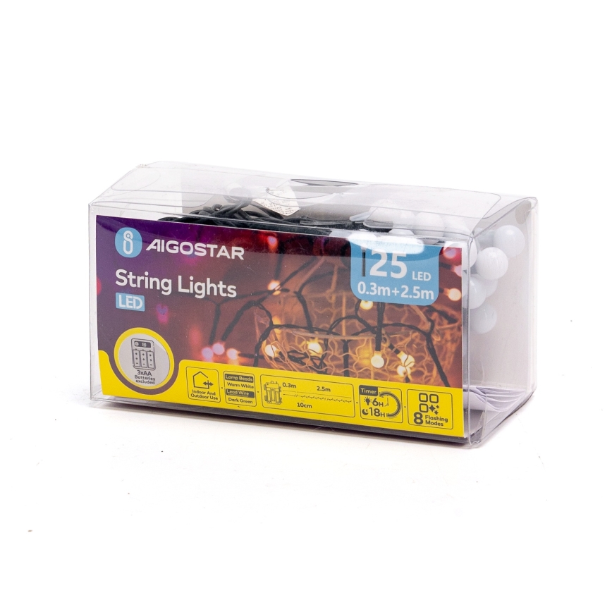 Aigostar - LED buiten kerstsnoer 25xLED/8 functies 3xAA 2,8m IP44 warm wit