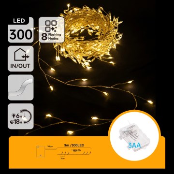 Aigostar - LED buiten kerstsnoer 300xLED/8 functies 3xAA 9,3m IP44 warm wit