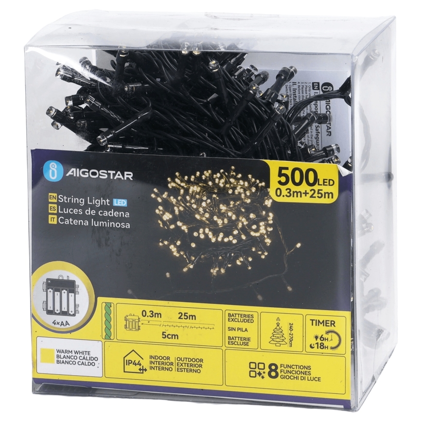 Aigostar - LED buiten-kerstsnoer 500xLED/8 functies 4xAA 25,3 m IP44 warm wit
