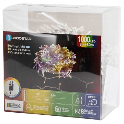 Aigostar - LED buiten kerstverlichting 1000xLED/8 functies 53m IP44 multicolor