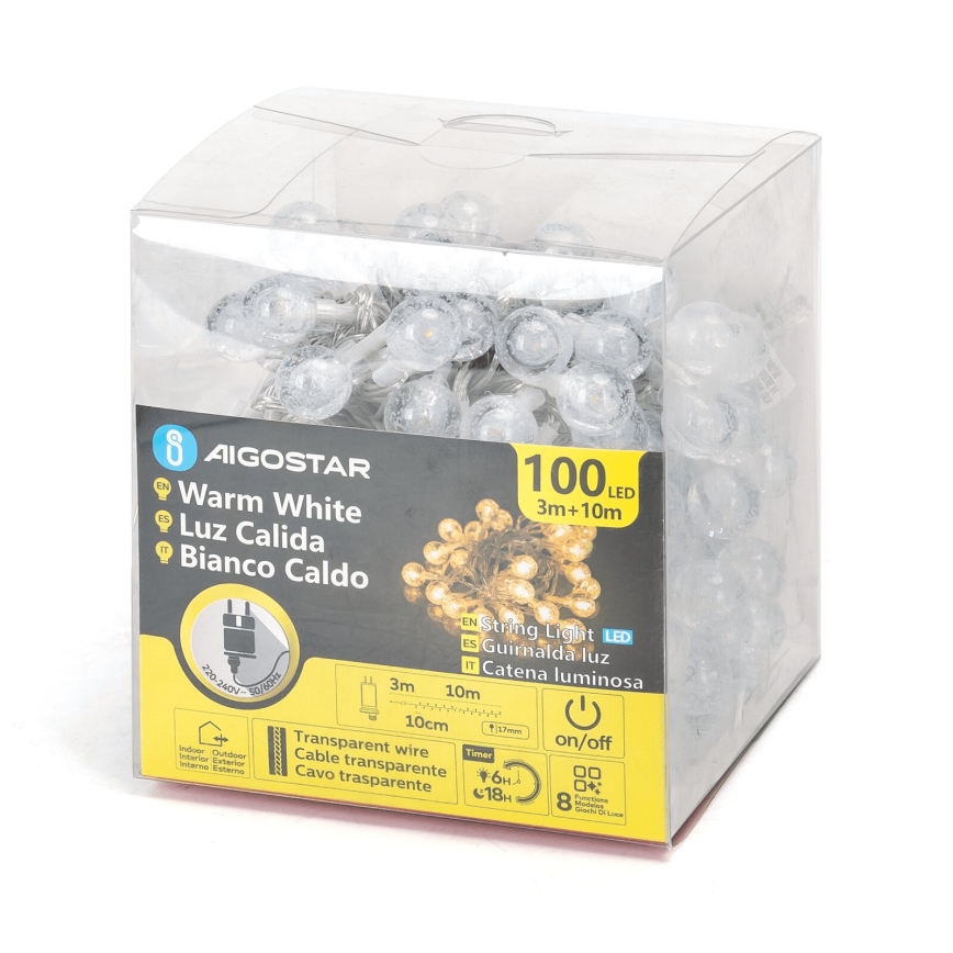 Aigostar - LED buiten kerstverlichting, 100x LED, 8 functies, 13 m, IP44, warm wit