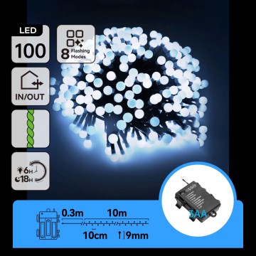 Aigostar - LED buiten kerstverlichting 100xLED/8 functies 3xAA 10,3m IP44 koud wit