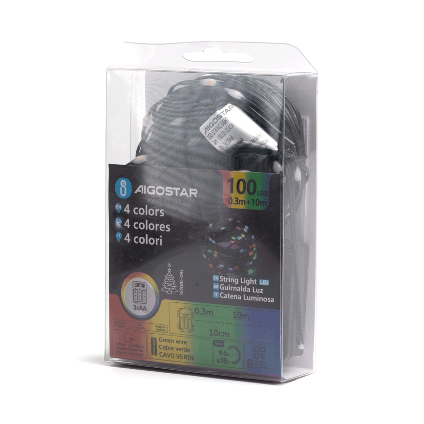Aigostar-LED Buiten kerstverlichting 100xLED/8 functies 3xAA 10,3m IP44 multicolor