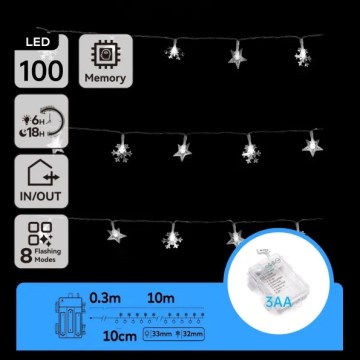 Aigostar - LED buiten kerstverlichting 100xLED/8 functies 3xAA 10 m IP44 koud wit