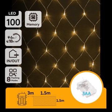 Aigostar - LED Buiten kerstverlichting 100xLED/8 functies/3xAA 4,5x1,5m IP44 warm wit
