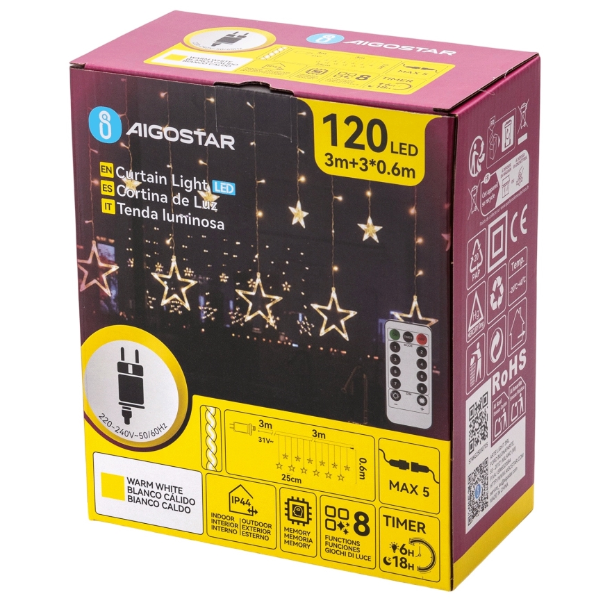 Aigostar - LED buiten kerstsnoer 120xLED/8 functies 3x0,6 m IP44 warm wit + afstandsbediening