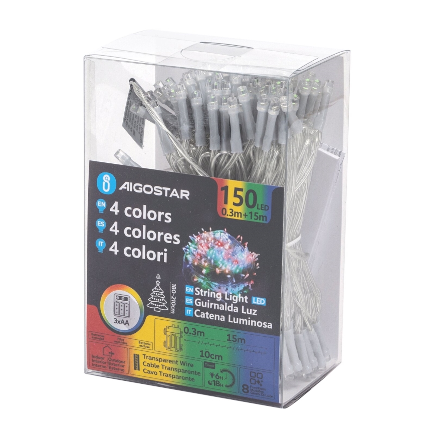 Aigostar -LED Buiten kerstverlichting 150xLED/8 functies 3xAA 15,3m IP44 meerkleurig