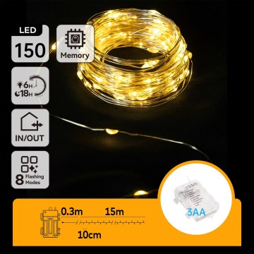 Aigostar -LED Buiten kerstverlichting 150xLED/8 functies 3xAA 15,3m IP44 warm wit