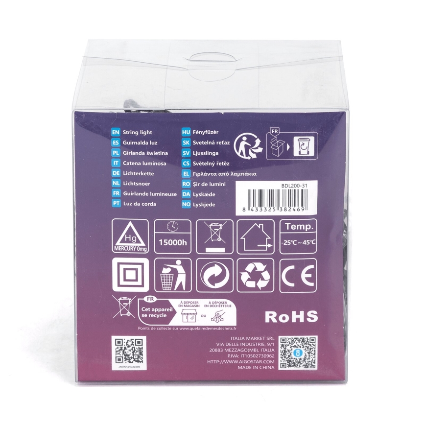 Aigostar - LED buiten kerstverlichting, 200 LED, 8 functies, 13 m, IP44, warm wit