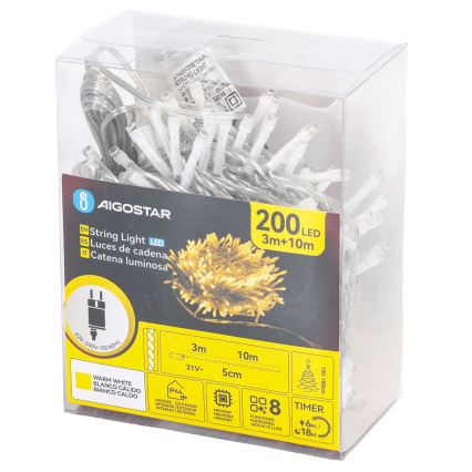 Aigostar - LED buiten kerstverlichting 200xLED/8 functies 13m IP44 warm wit