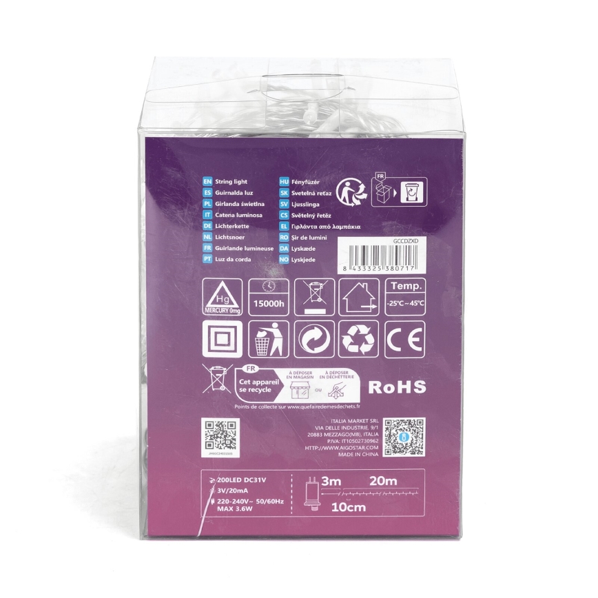 Aigostar - LED buiten kerstverlichting 200xLED/8 functies 23m IP44 koud wit