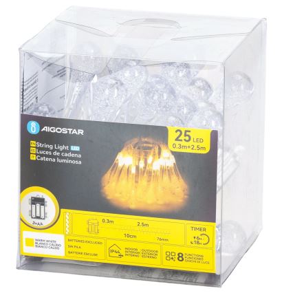 Aigostar - LED kerstsnoer voor buiten 25xLED/8 functies 3xAA 2,5 m IP44 warm wit druppels