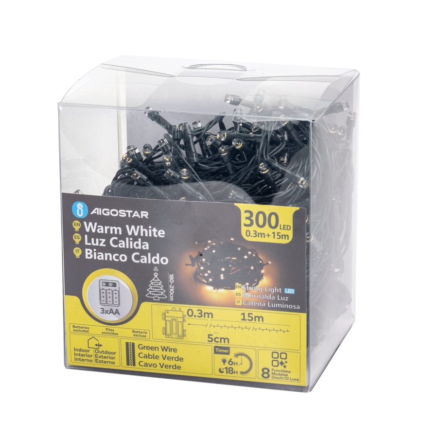 Aigostar-LED Buiten kerstverlichting 300xLED/8 functies 3xAA 15,3m IP44 warm wit