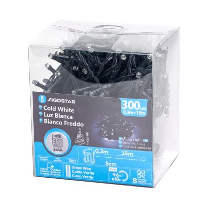 Aigostar - LED Buiten Kerstverlichting 300xLED/8 functies 15,3m IP44 koud wit