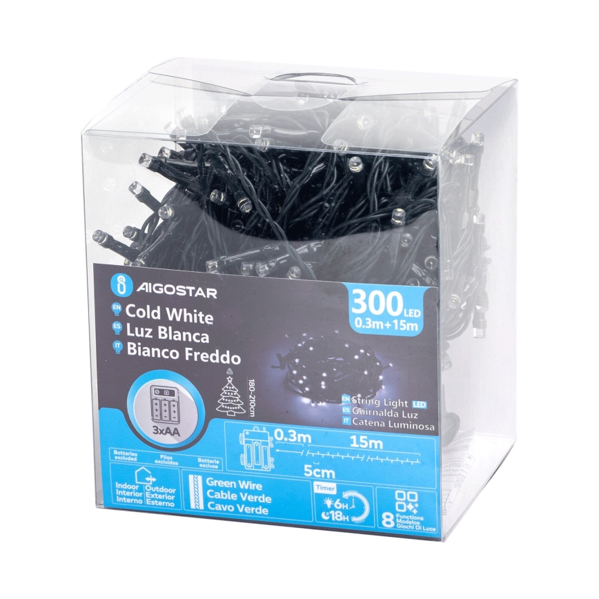 Aigostar - LED Buiten Kerstverlichting 300xLED/8 functies 15,3m IP44 koud wit