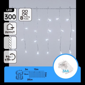 Aigostar - LED buiten kerstverlichting 300xLED/8 functies 3xAA 18x0,4m IP44 koud wit
