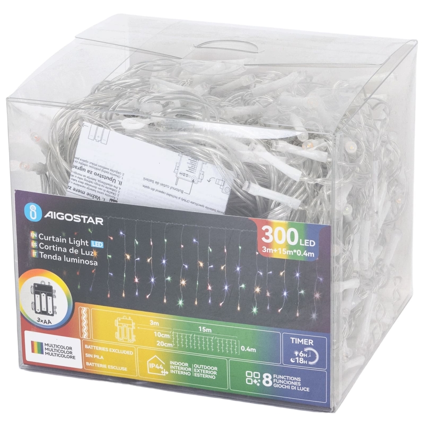 Aigostar - LED kerstsnoer voor buiten 300xLED/8 functies 3xAA 18x0,4m IP44 meerkleurig