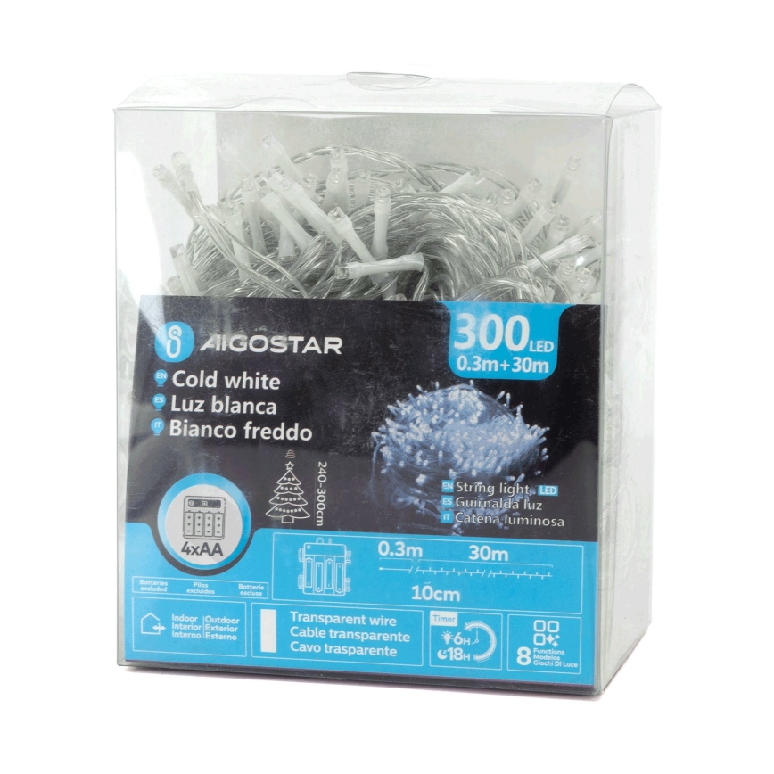 Aigostar - LED buiten kerstsnoer 300xLED/8 functies 4xAA 30m IP44 koud wit