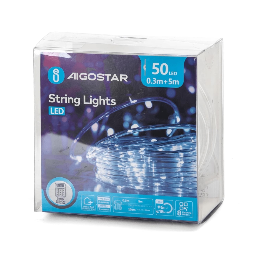 Aigostar - LED Buiten kerstverlichting 50xLED/8 functies 3xAA 5,3m IP44 koud wit