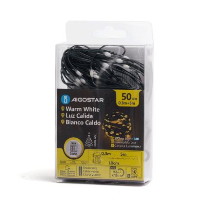 Aigostar - LED buiten kerstverlichting 50xLED/8 functies 3xAA 5,3m IP44 warm wit