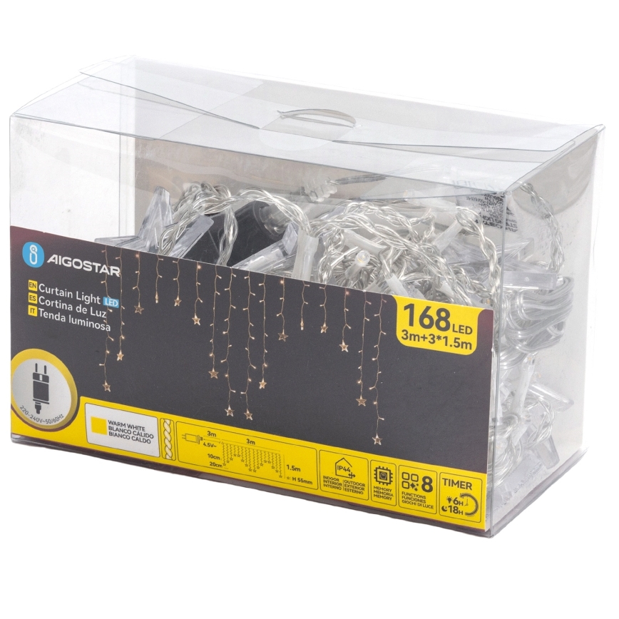 Aigostar - LED buitensnoer 168xLED/8 functies 3x1,5m IP44 warmwit sterren
