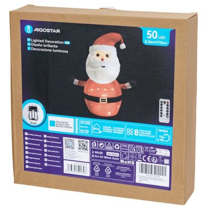 Aigostar - LED kerstdecoratie voor buiten 50xLED/3xAA 0,7m IP44 koel wit Santa Claus