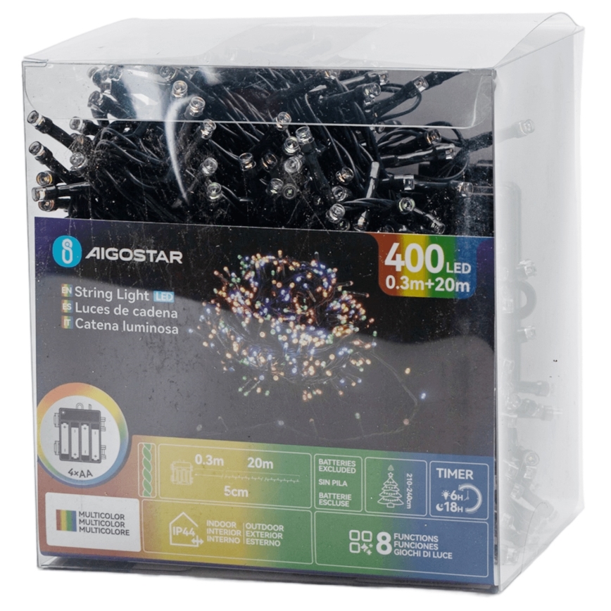 Aigostar - LED buiten kerstverlichting 400xLED, 8 functies, 4xAA, 20,3 m, IP44, meerkleurig