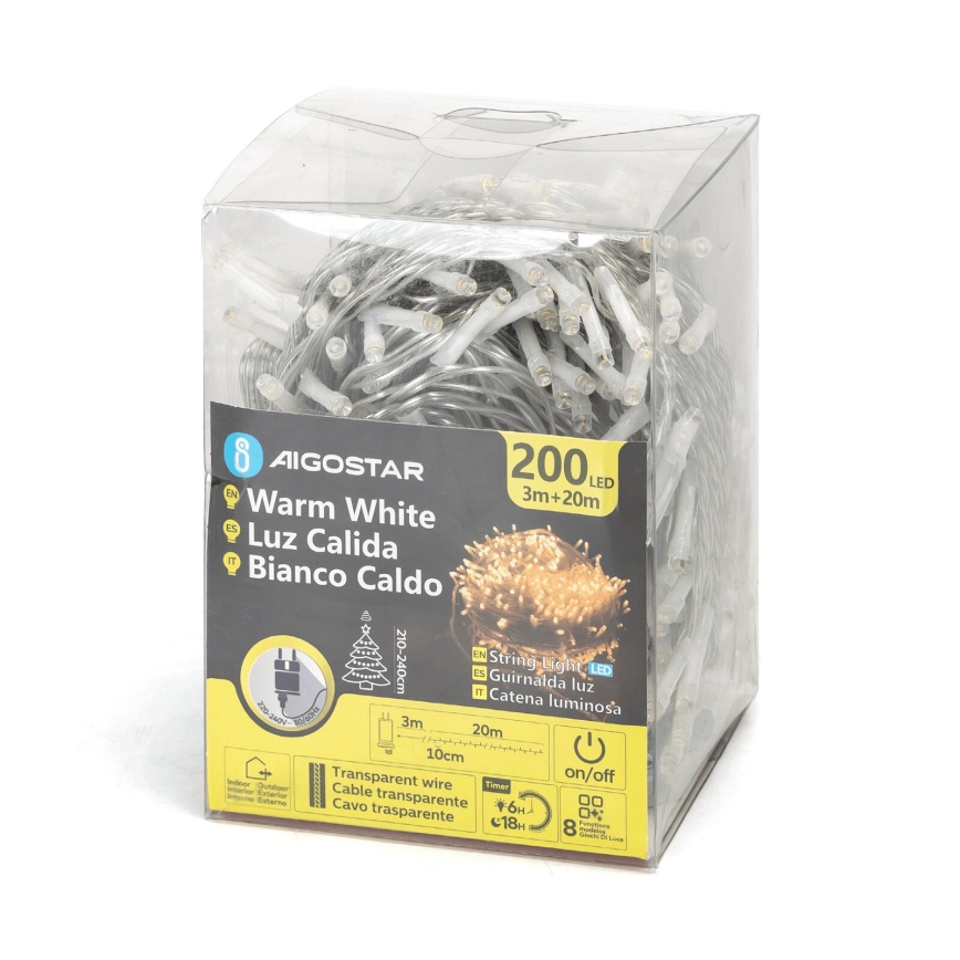 Aigostar - LED buitenlichtsnoer, 200 LEDs, 8 lichtprogramma's, 23 m, IP44, warm wit