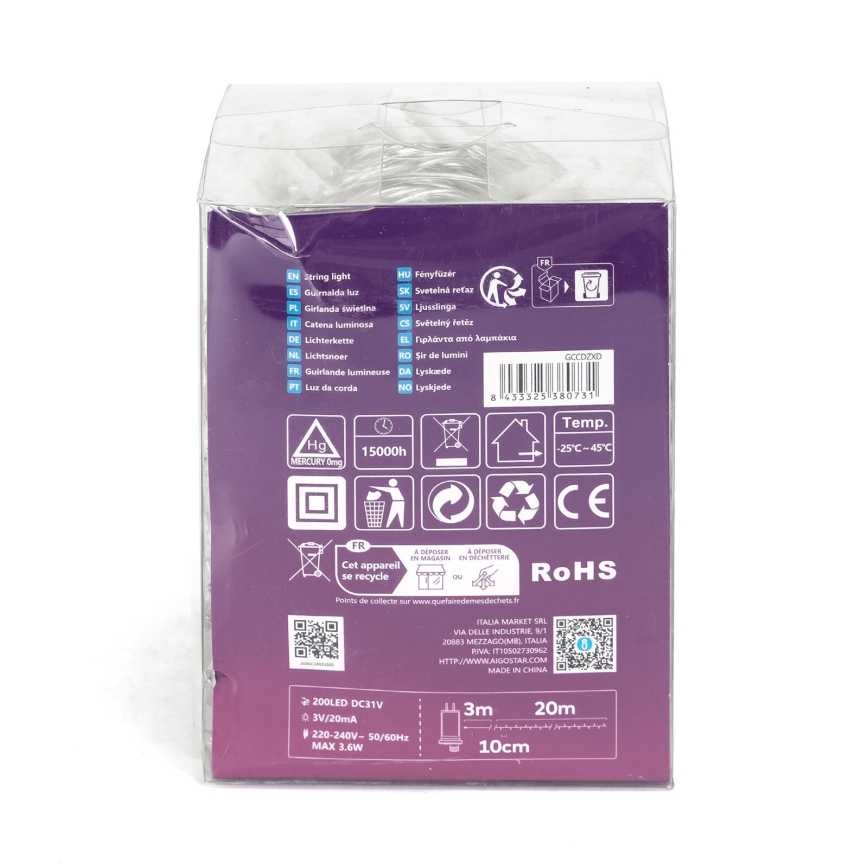 Aigostar - LED buitenlichtsnoer, 200 LEDs, 8 lichtprogramma's, 23 m, IP44, warm wit